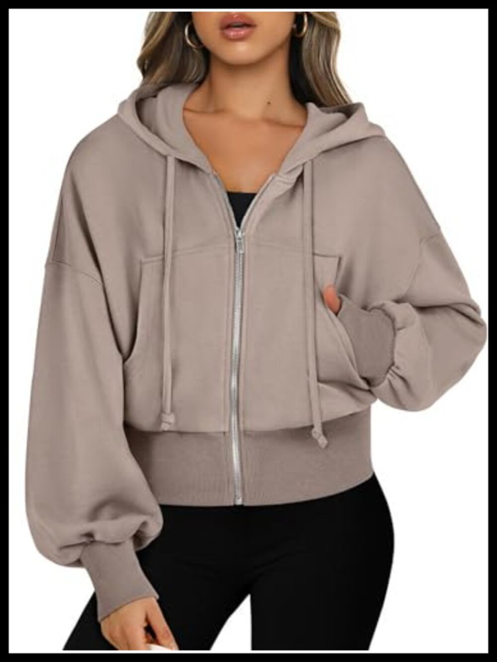 Women's Cropped Zip Up Hoodie Sweatshirt with Pockets and Drawstring